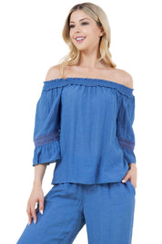 Women's Casual Off-Shoulder Crochet Trimmed Ruffled 3/4 Sleeve Tunic Top