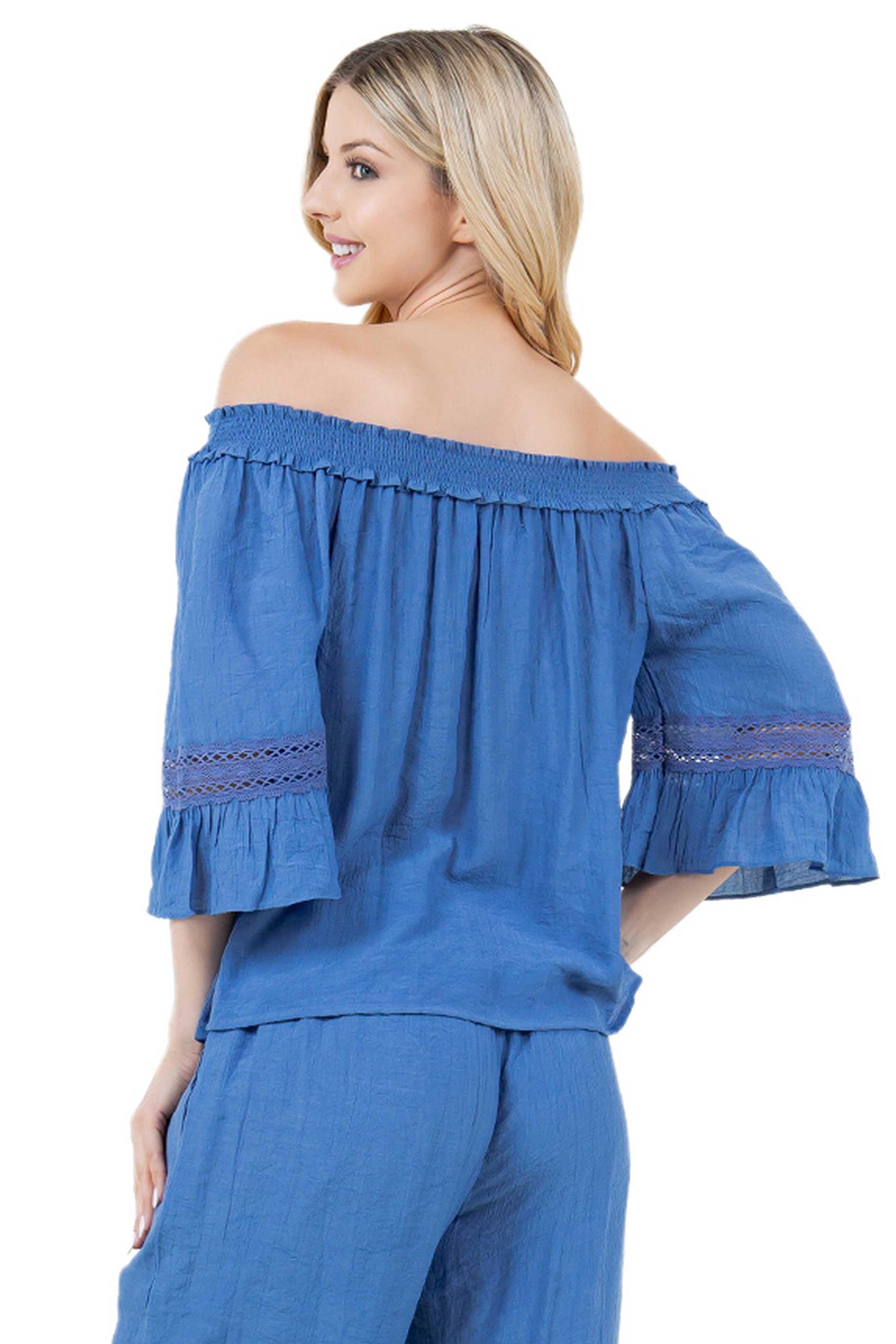 Women's Casual Off-Shoulder Crochet Trimmed Ruffled 3/4 Sleeve Tunic Top