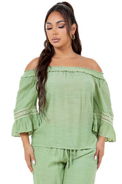 Women's Casual Off-Shoulder Crochet Trimmed Ruffled 3/4 Sleeve Tunic Top