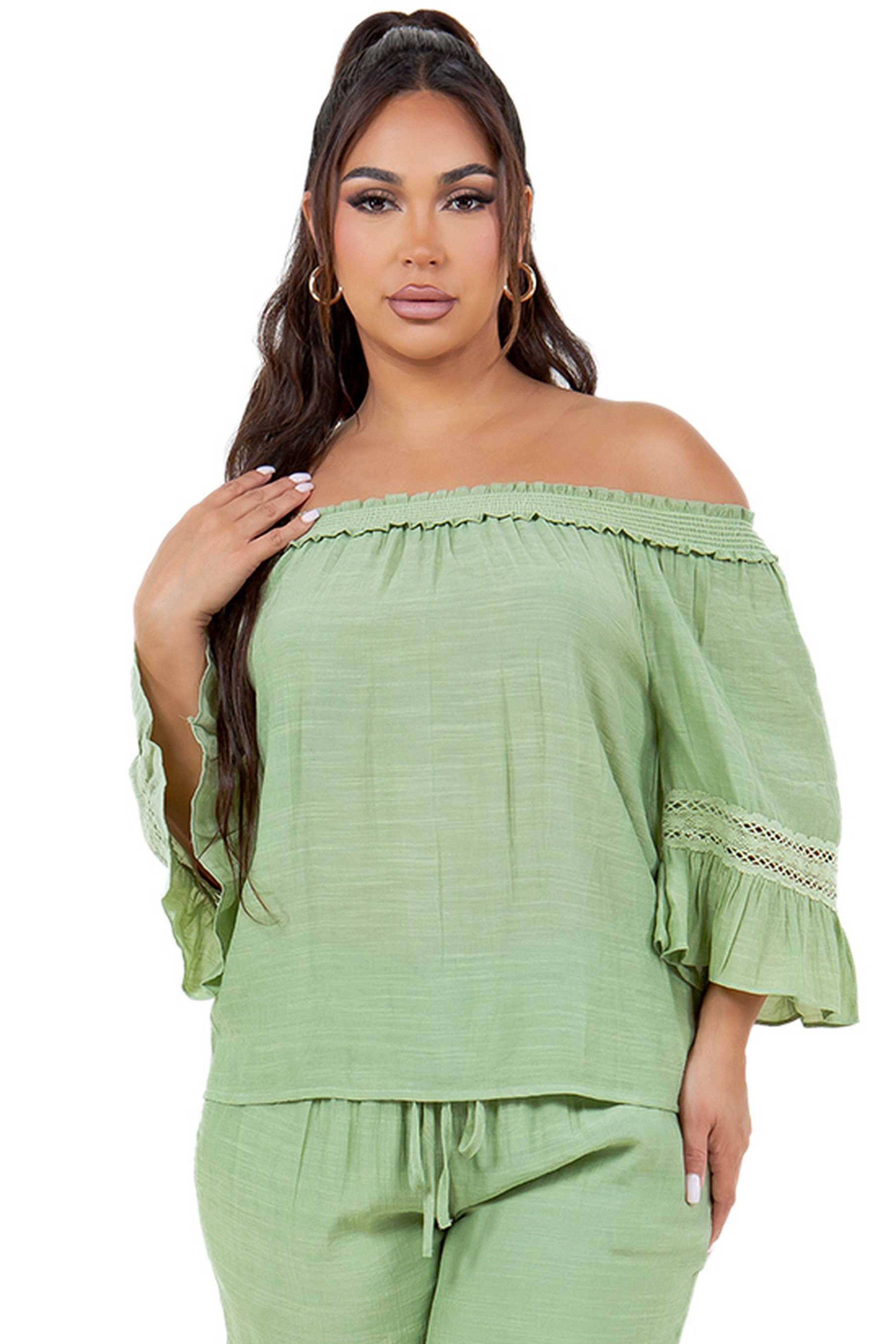 Women's Casual Off-Shoulder Crochet Trimmed Ruffled 3/4 Sleeve Tunic Top