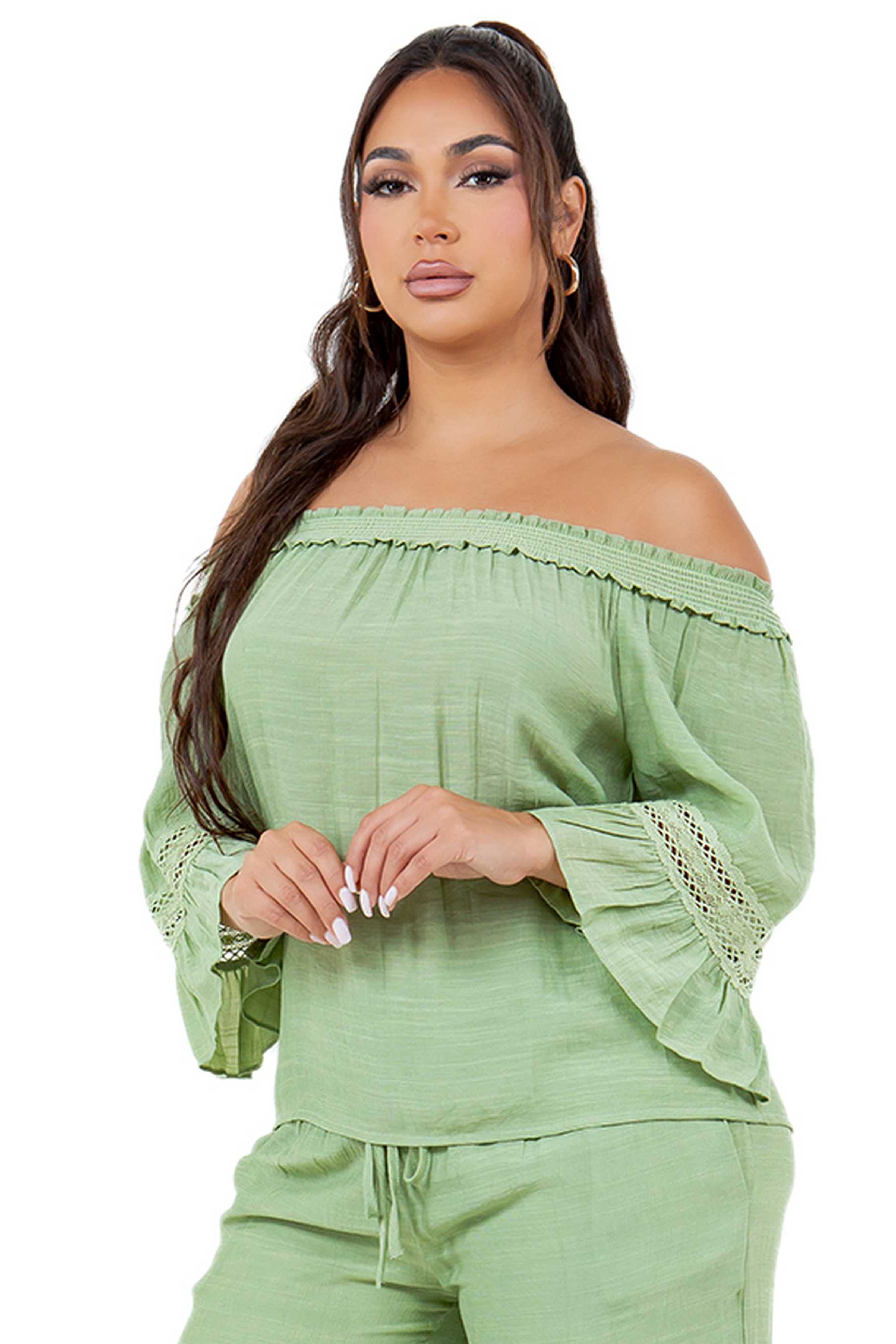 Women's Casual Off-Shoulder Crochet Trimmed Ruffled 3/4 Sleeve Tunic Top