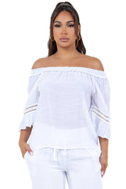 Women's Casual Off-Shoulder Crochet Trimmed Ruffled 3/4 Sleeve Tunic Top