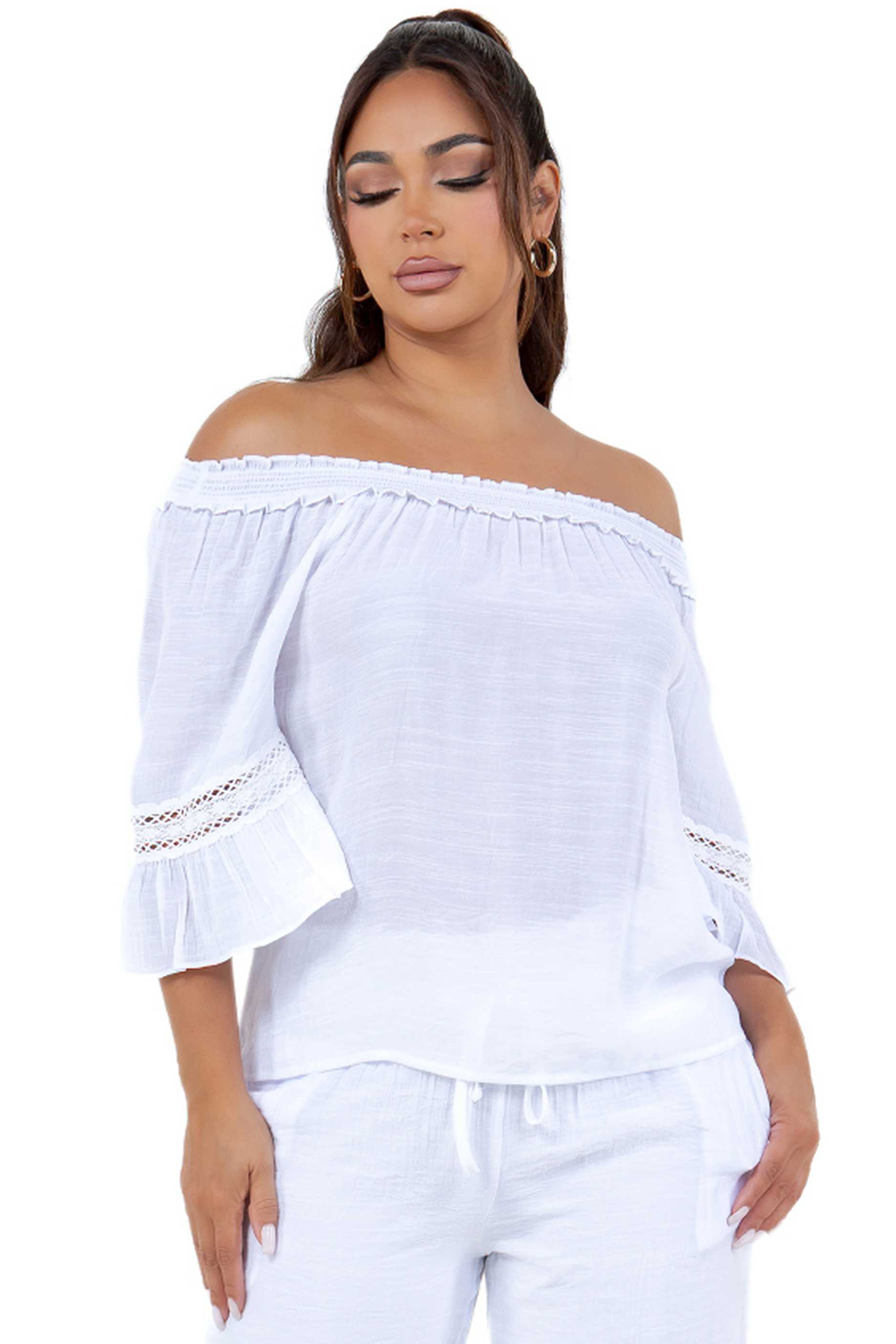 Women's Casual Off-Shoulder Crochet Trimmed Ruffled 3/4 Sleeve Tunic Top