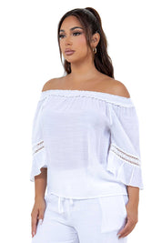 Women's Casual Off-Shoulder Crochet Trimmed Ruffled 3/4 Sleeve Tunic Top