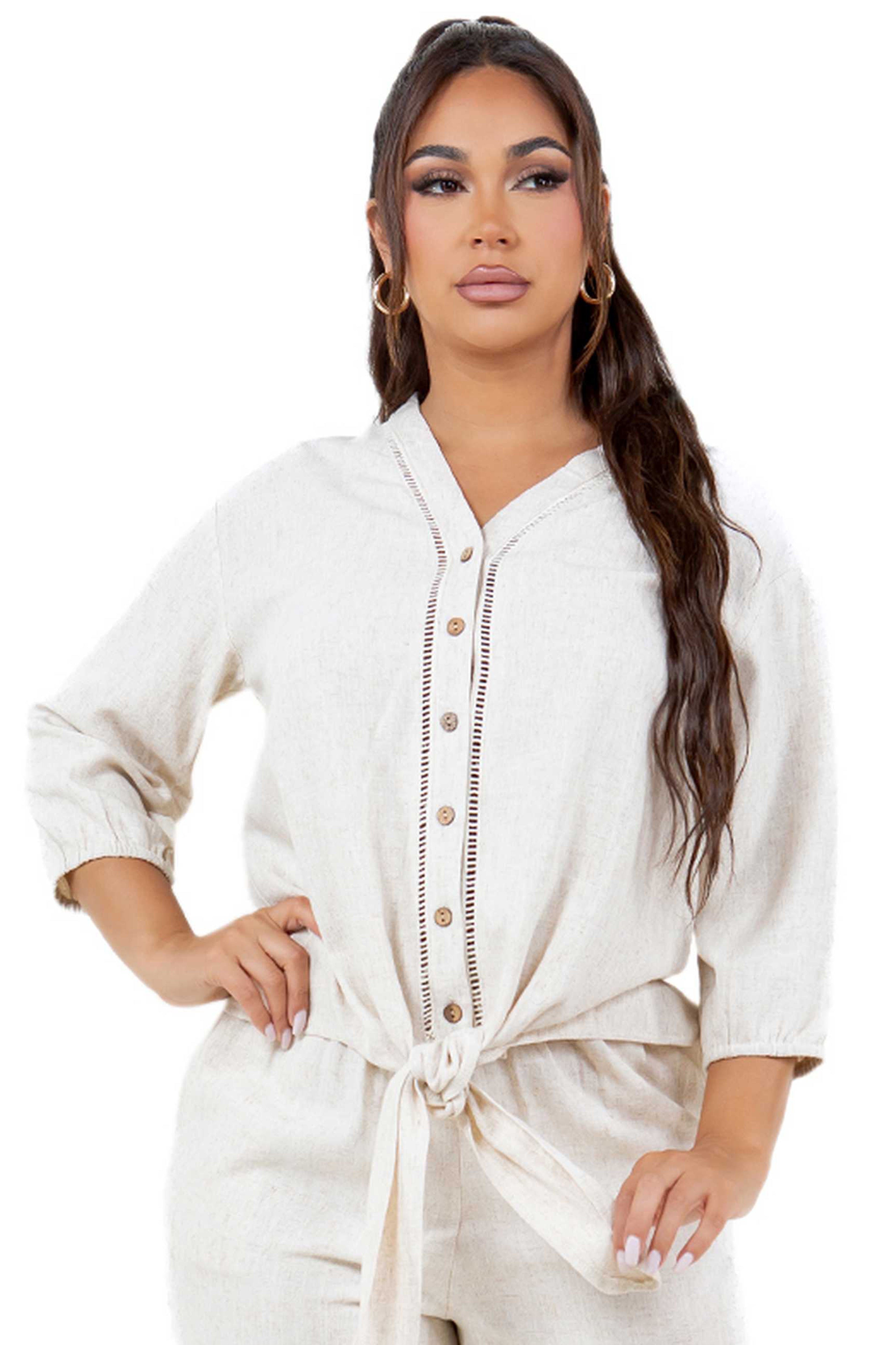 Women's Casual Crochet Trimmed Linen Blend Button Down 3/4 Sleeve Top with Bow Tie Hem