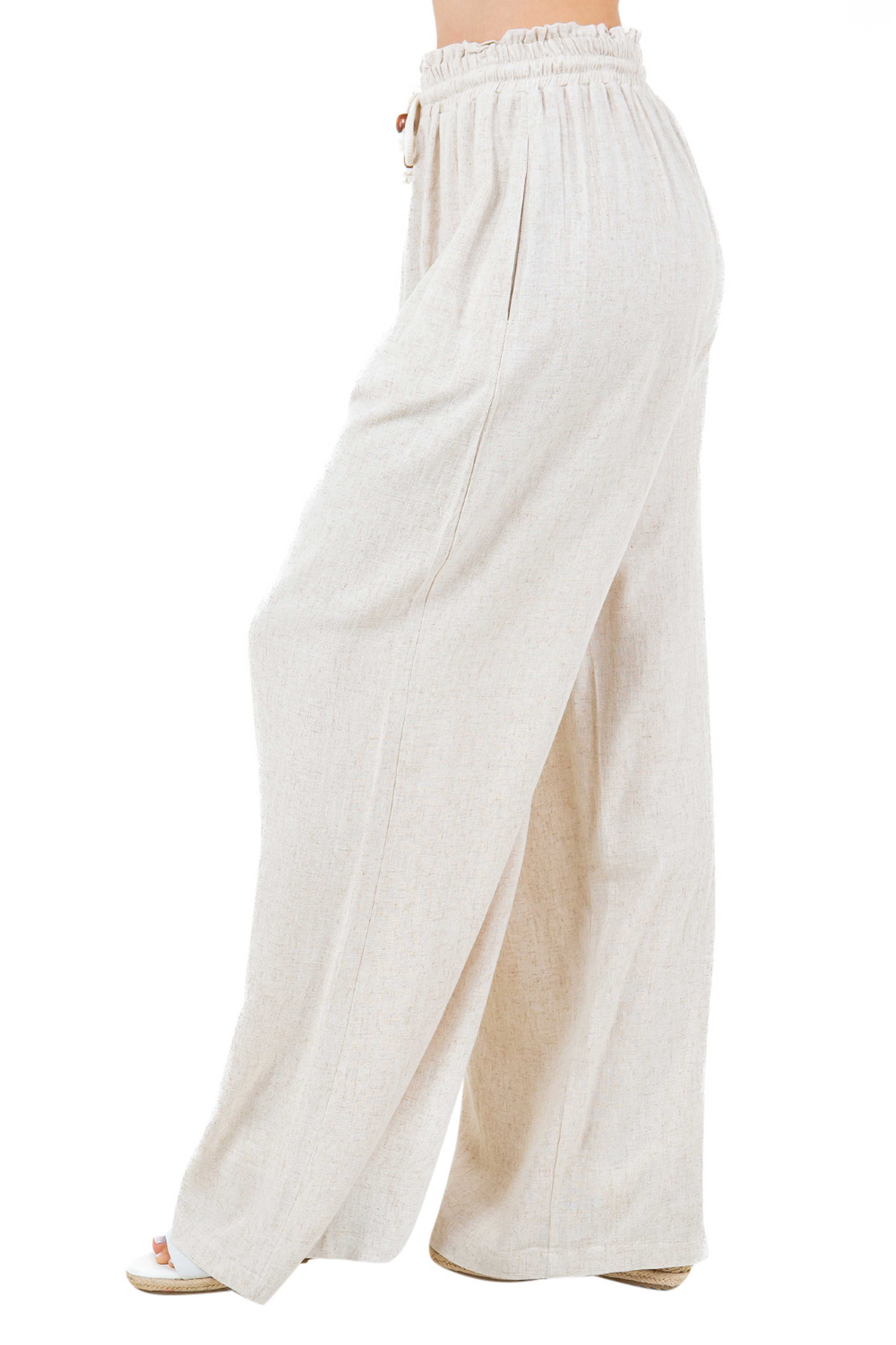 Women's Casual Beach Resort Wear Palazzo Pants Linen Blend with Drawstring Waist