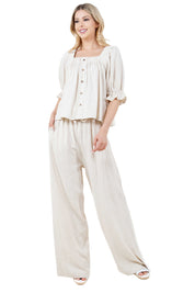 Women's Casual Beach Resort Wear Palazzo Pants Linen Blend with Drawstring Waist