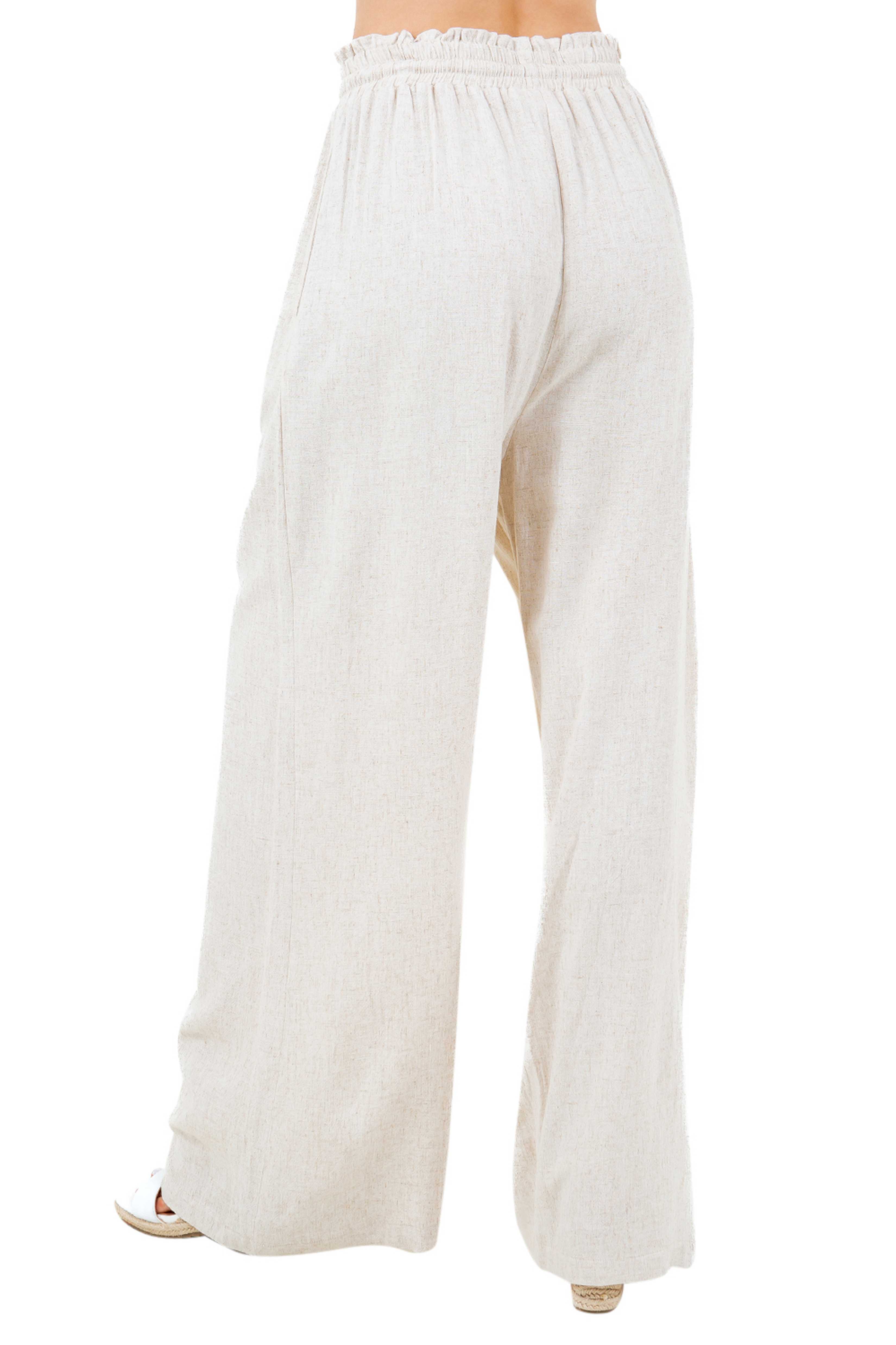 Women's Casual Beach Resort Wear Palazzo Pants Linen Blend with Drawstring Waist