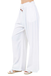 Women's Casual Beach Resort Wear Palazzo Pants Linen Blend with Drawstring Waist