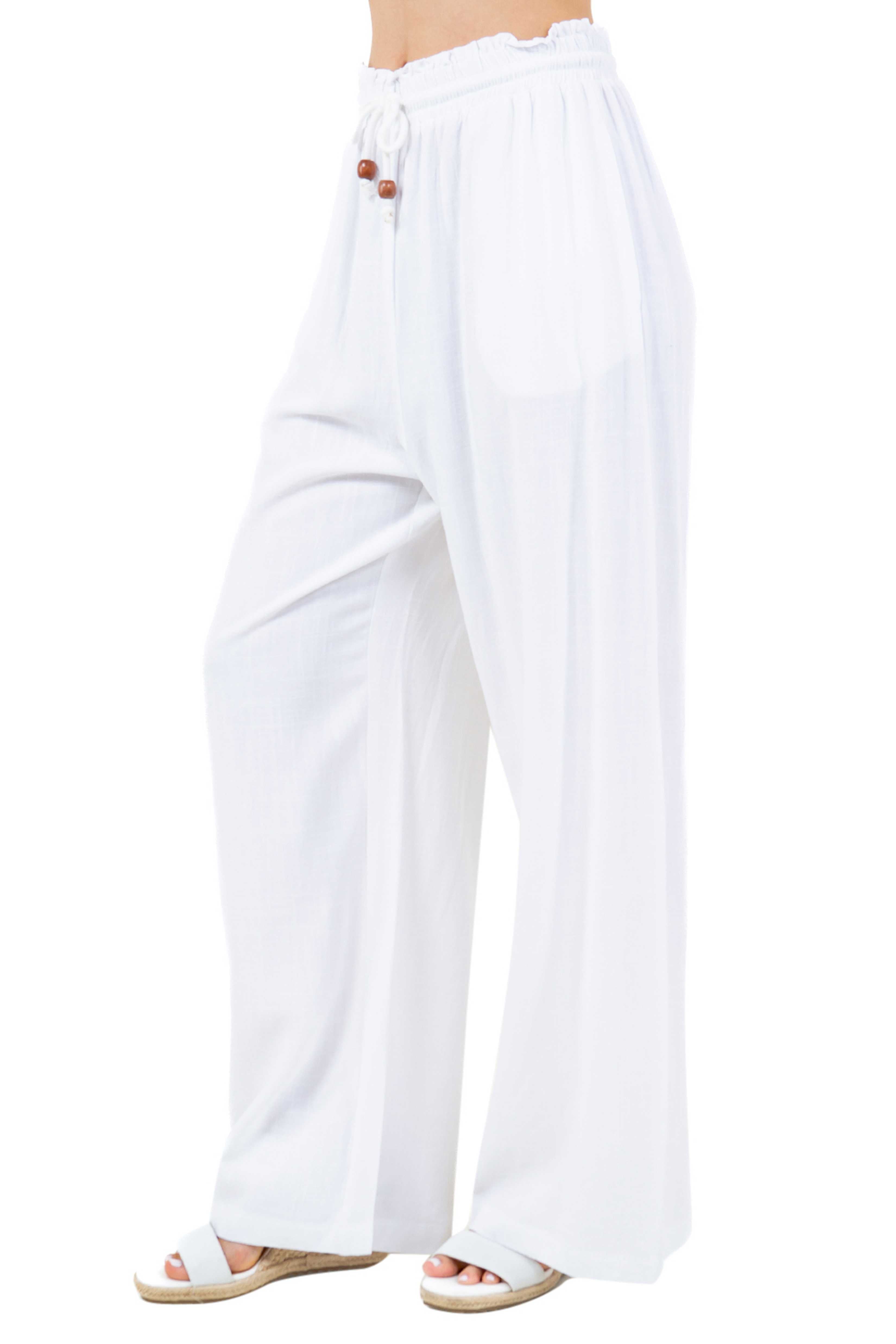 Women's Casual Beach Resort Wear Palazzo Pants Linen Blend with Drawstring Waist