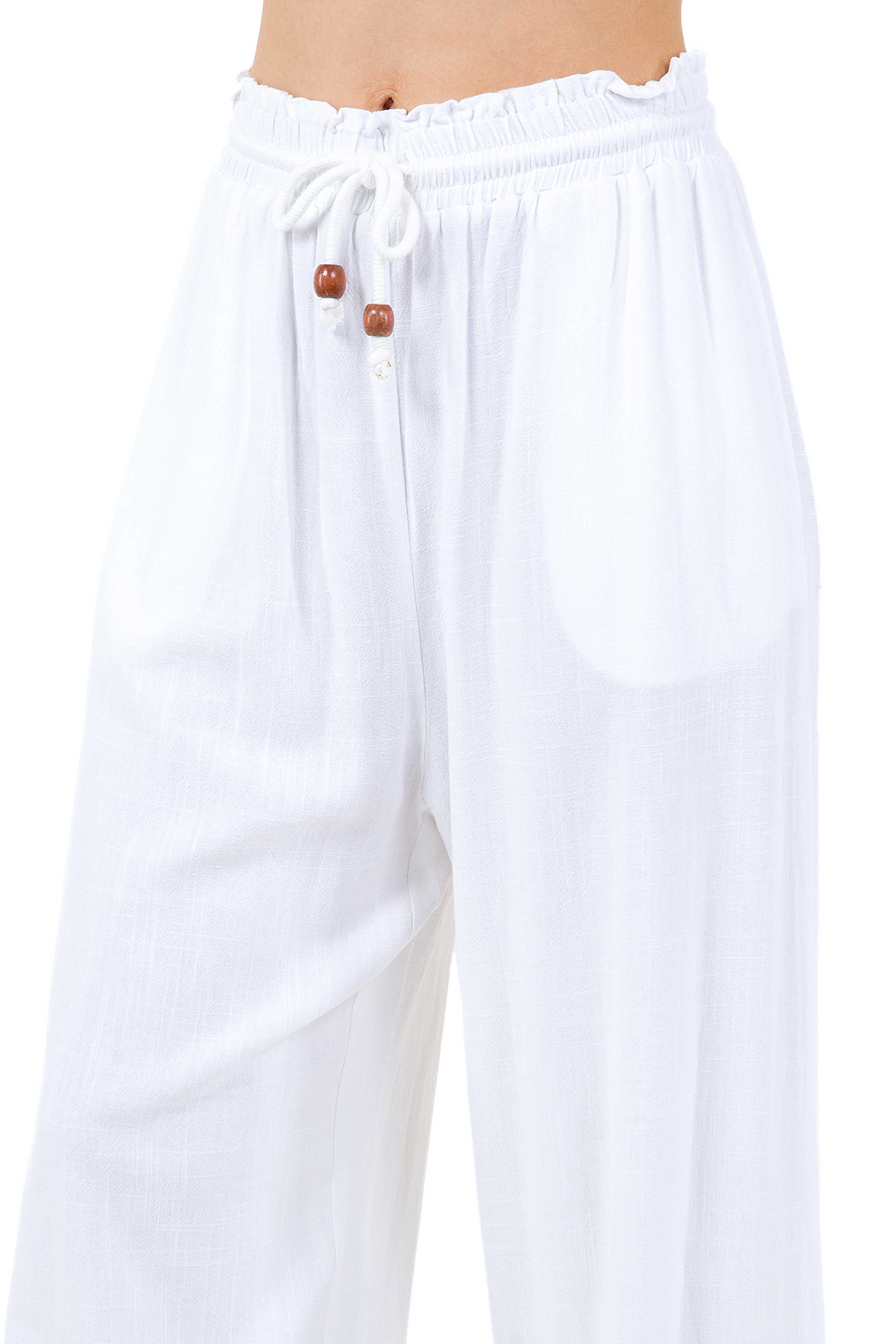 Women's Casual Beach Resort Wear Palazzo Pants Linen Blend with Drawstring Waist