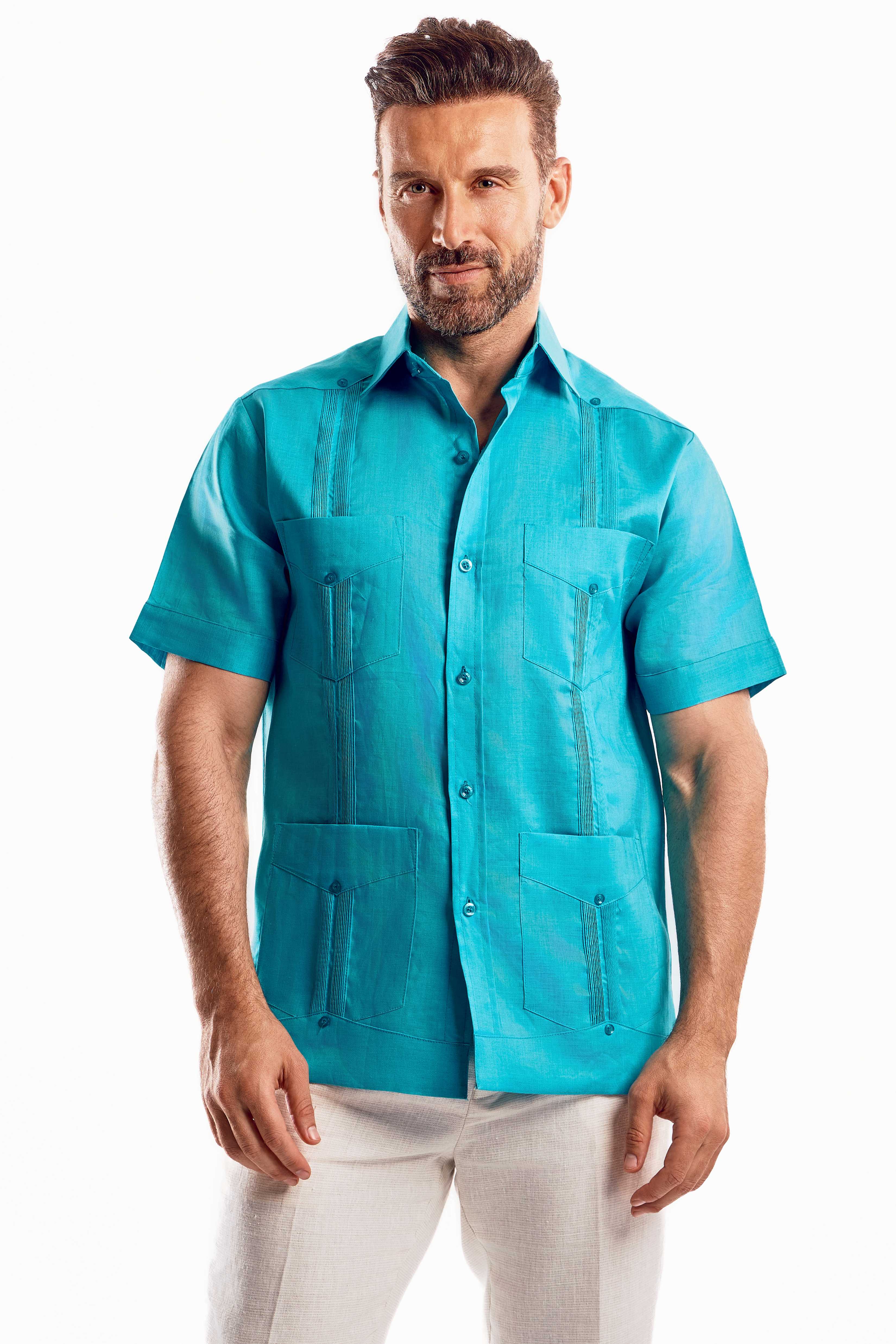 Mojito Collection Men's Traditional Guayabera Shirt Premium 100% Linen Short Sleeve  4 Pocket  Design