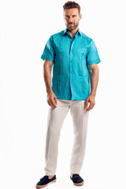 Mojito Collection Men's Traditional Guayabera Shirt Premium 100% Linen Short Sleeve  4 Pocket  Design