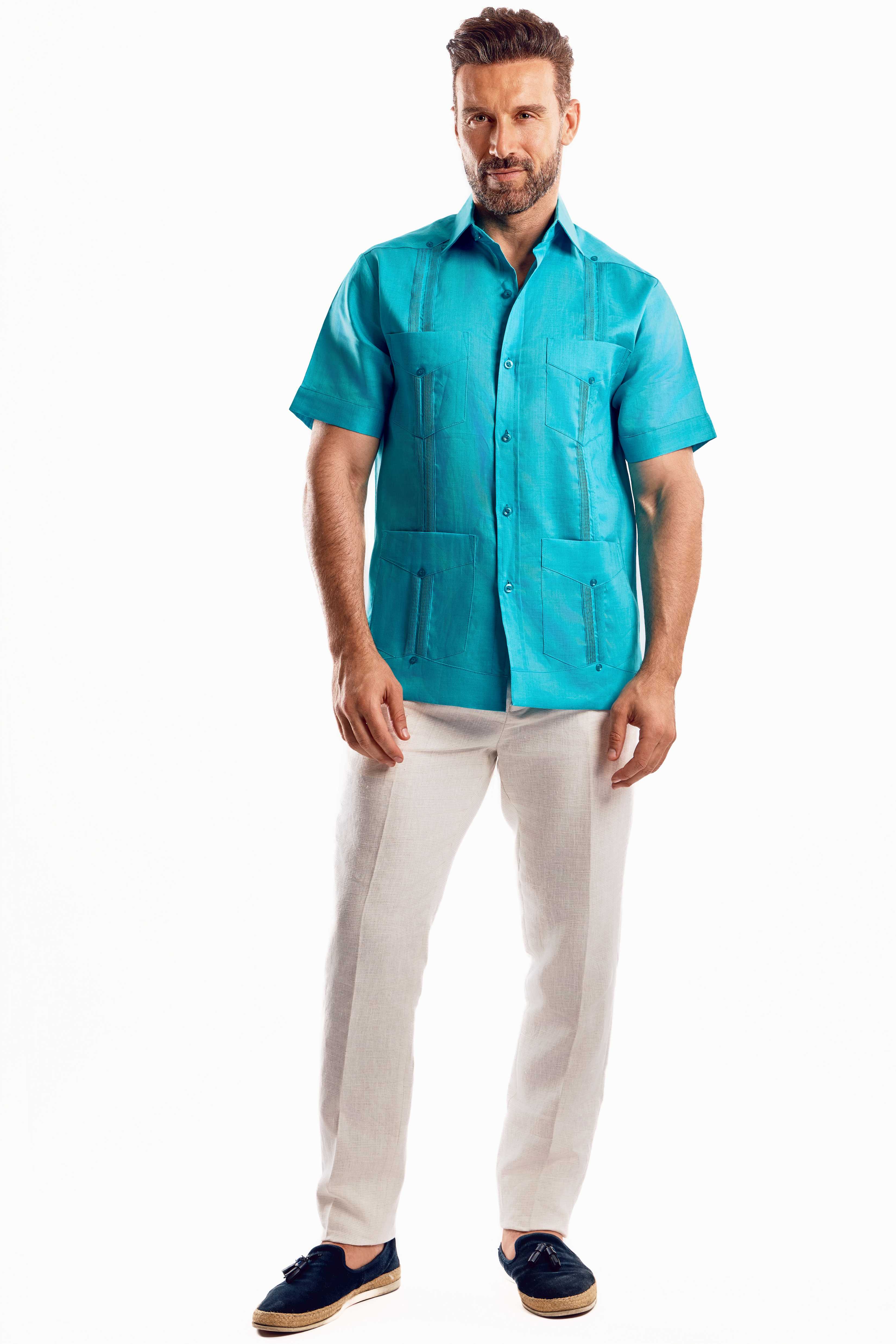 Mojito Collection Men's Traditional Guayabera Shirt Premium 100% Linen Short Sleeve  4 Pocket  Design