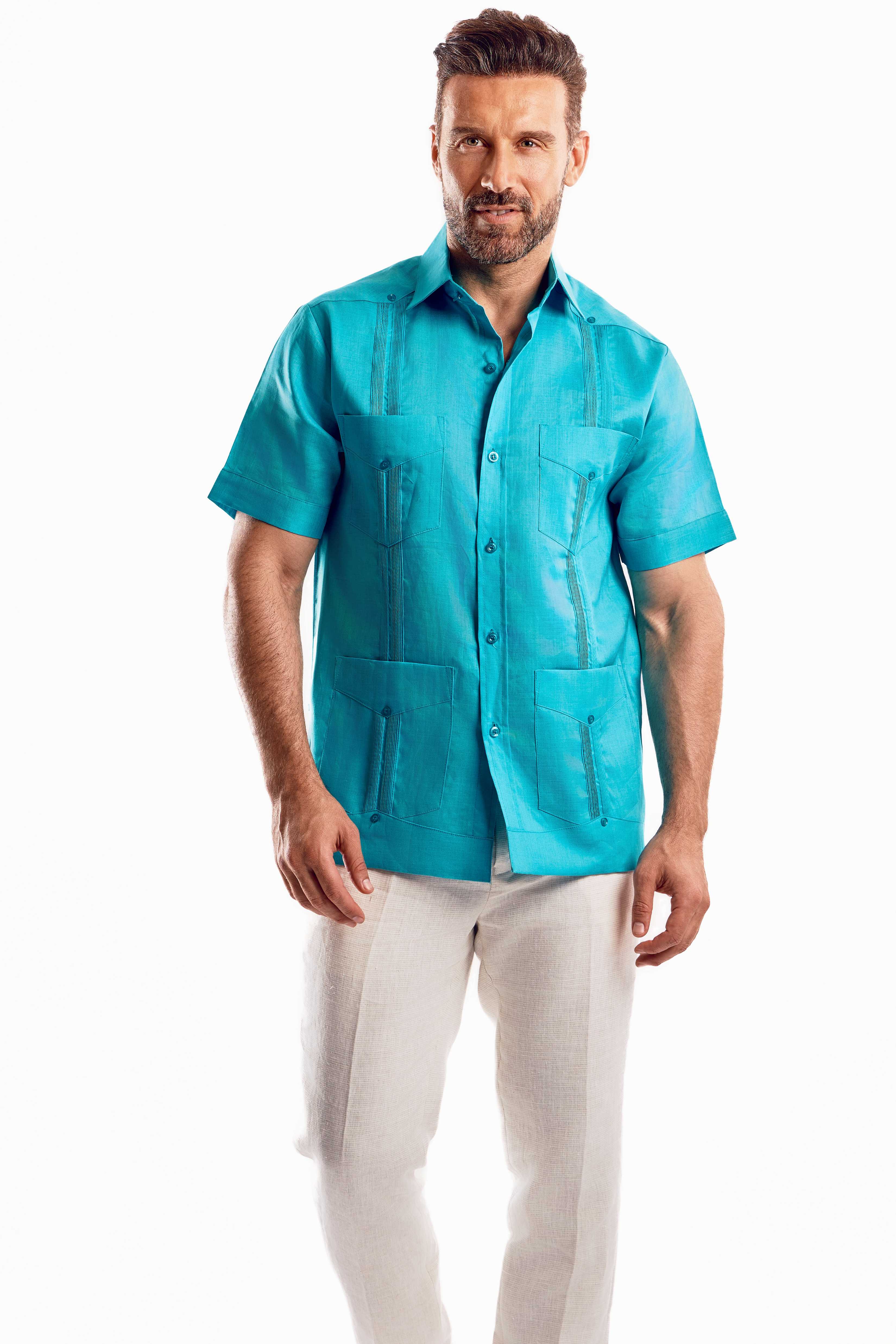 Mojito Collection Men's Traditional Guayabera Shirt Premium 100% Linen Short Sleeve  4 Pocket  Design