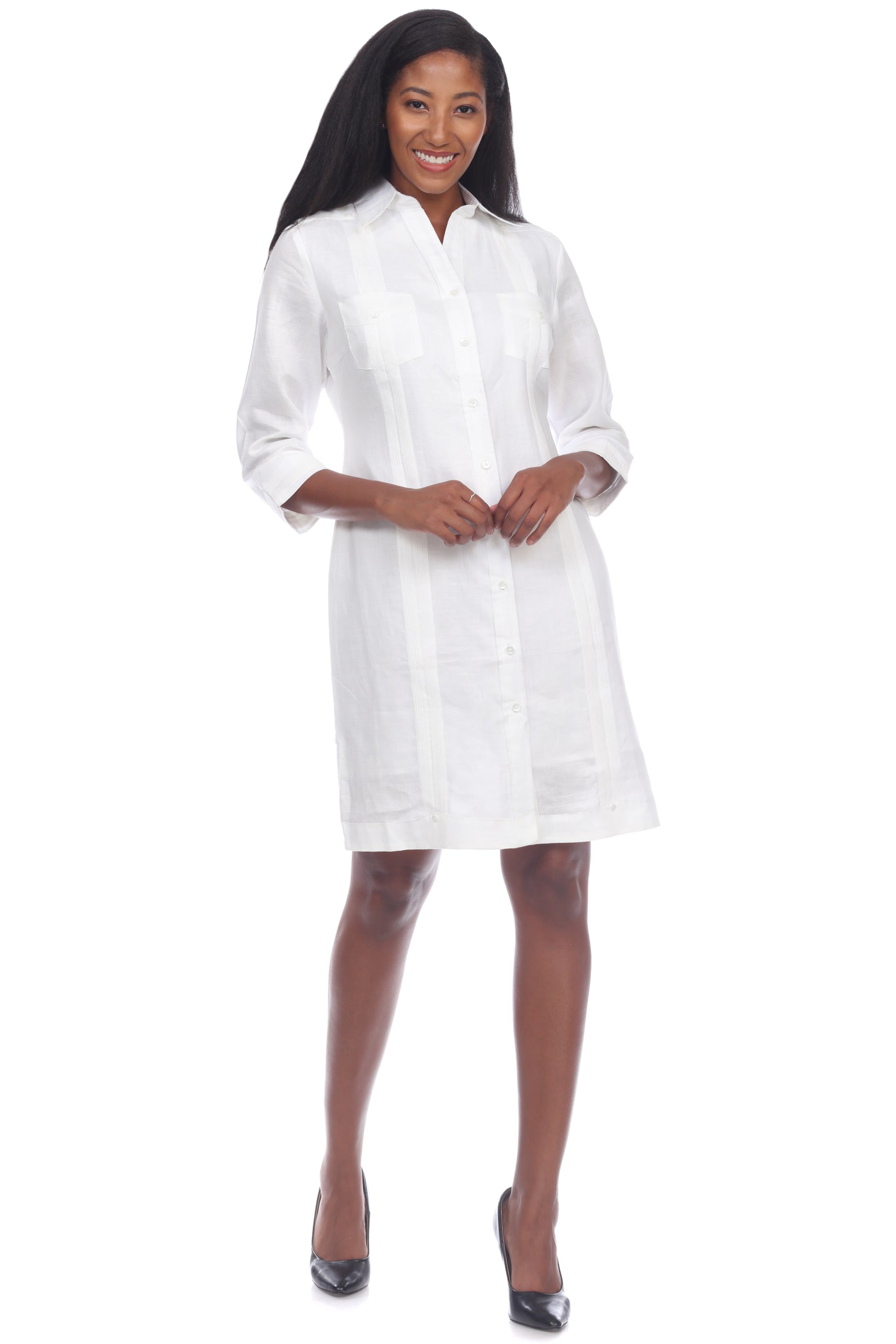 Mojito Women's Guayabera Dress Classic Style Linen Blend 3/4 Sleeve and Button Down