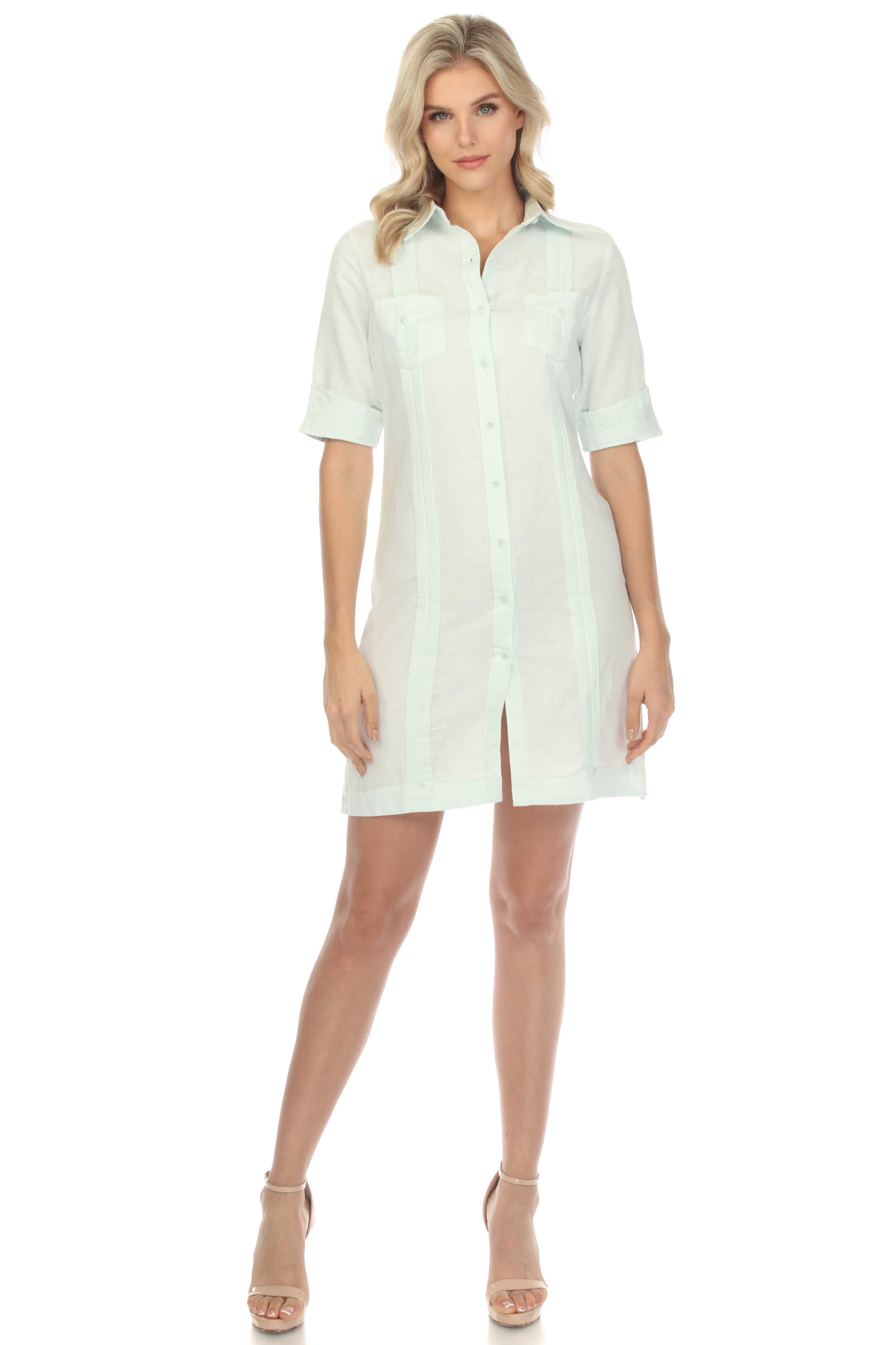 Women's Guayabera Dress Classic Linen Blend Short Sleeve Button Down