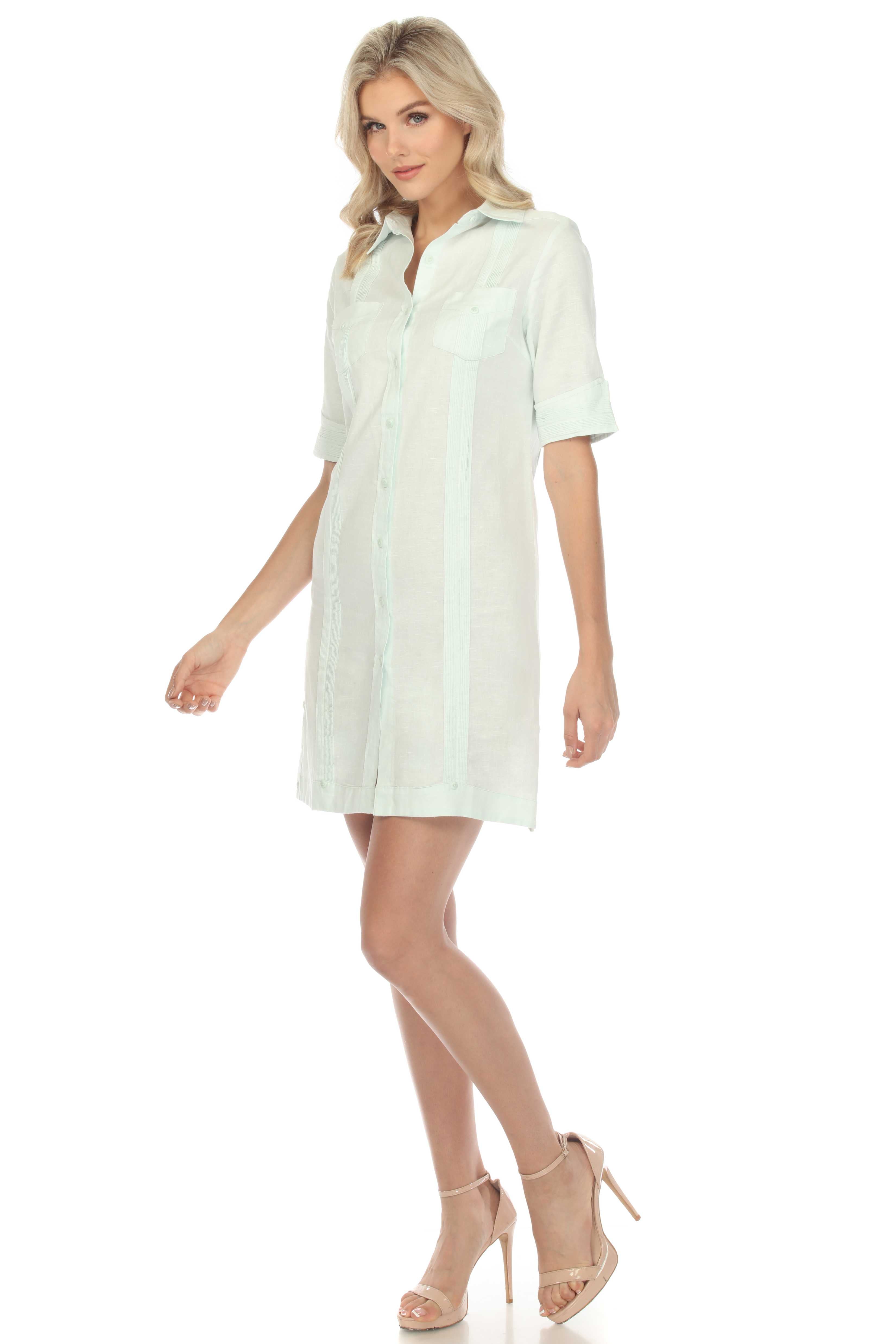 Women's Guayabera Dress Classic Linen Blend Short Sleeve Button Down