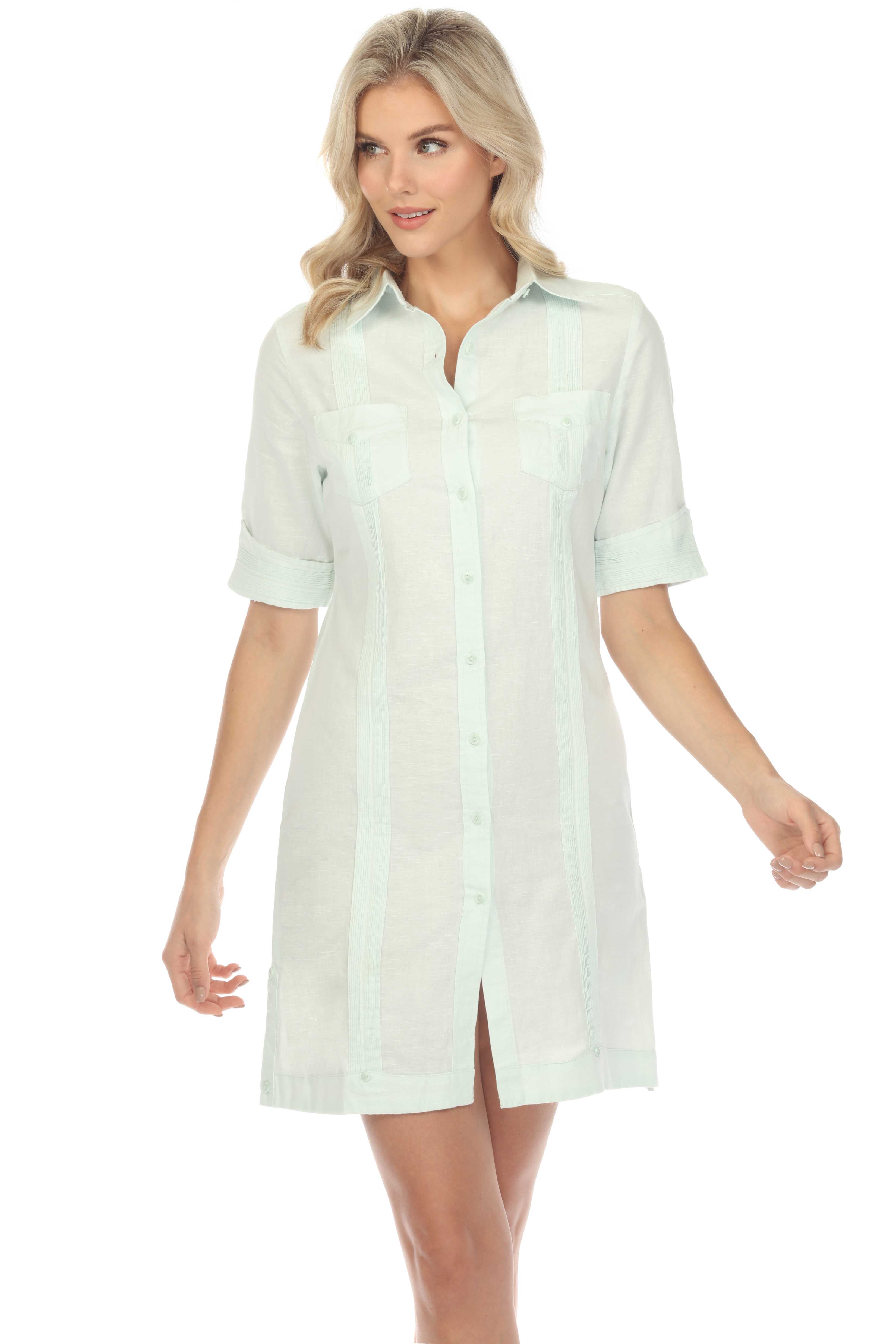 Women's Guayabera Dress Classic Linen Blend Short Sleeve Button Down