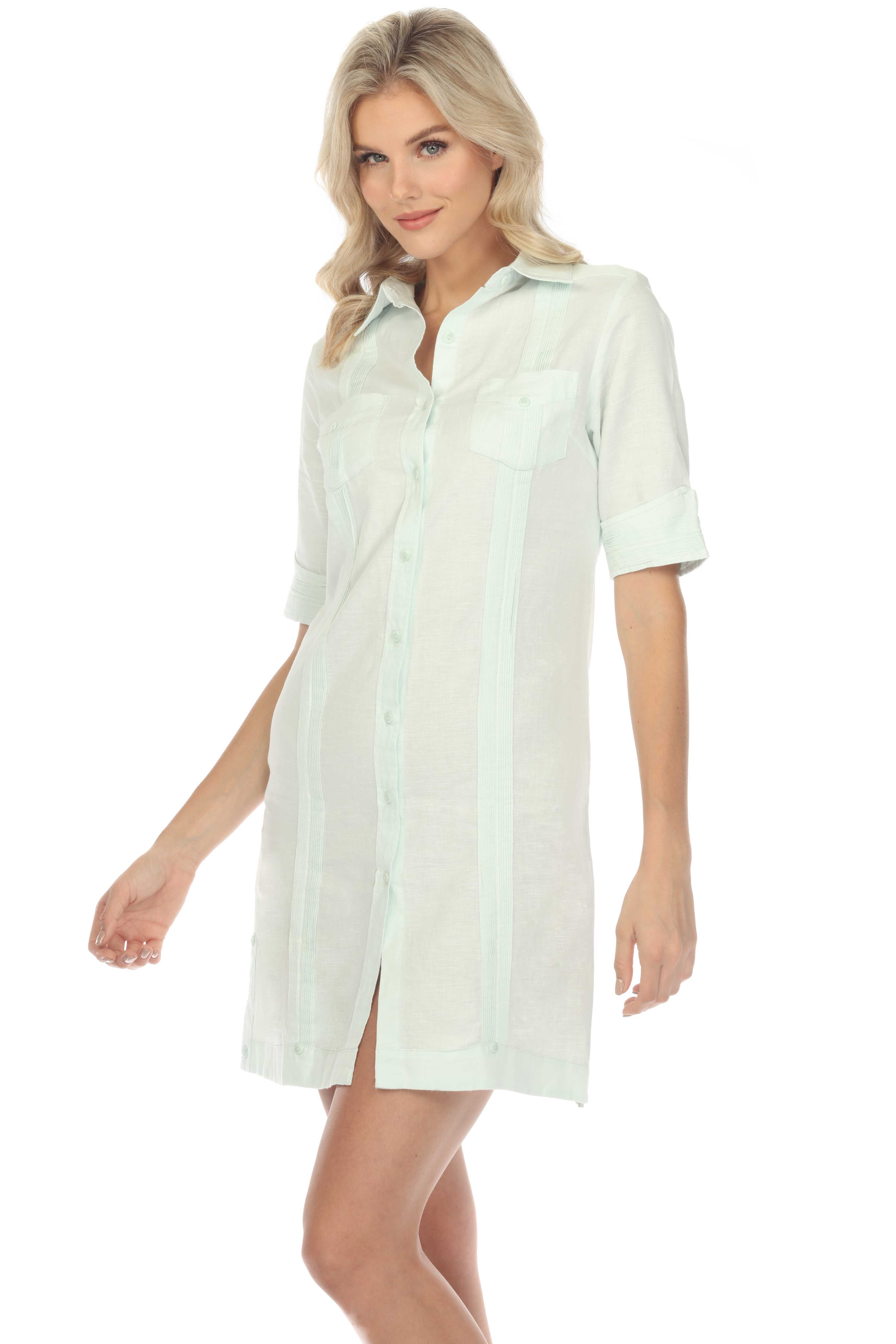 Women's Guayabera Dress Classic Linen Blend Short Sleeve Button Down