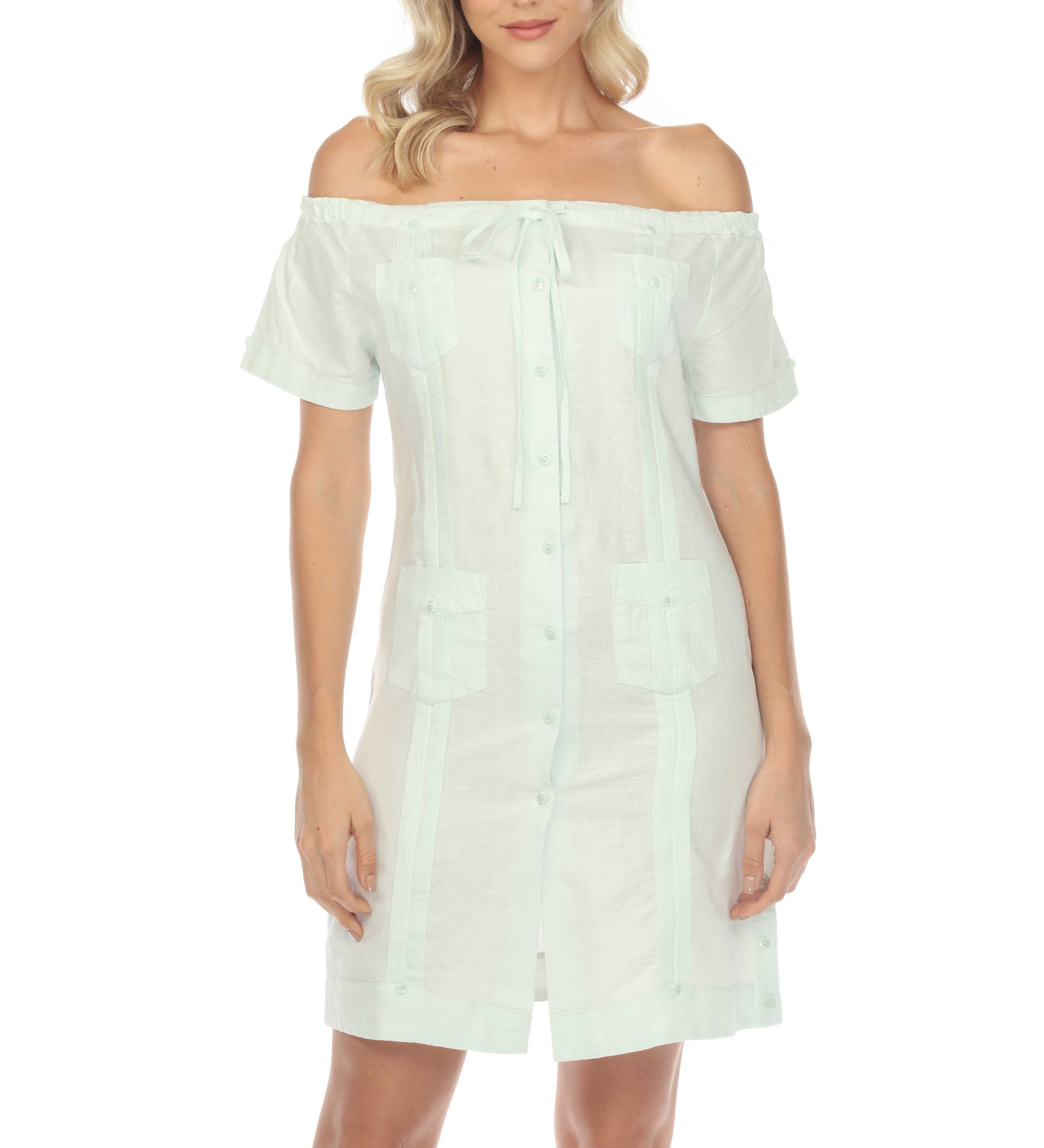 Women's Guayabera Dress Sexy Off Shoulder Linen Blend Button Down