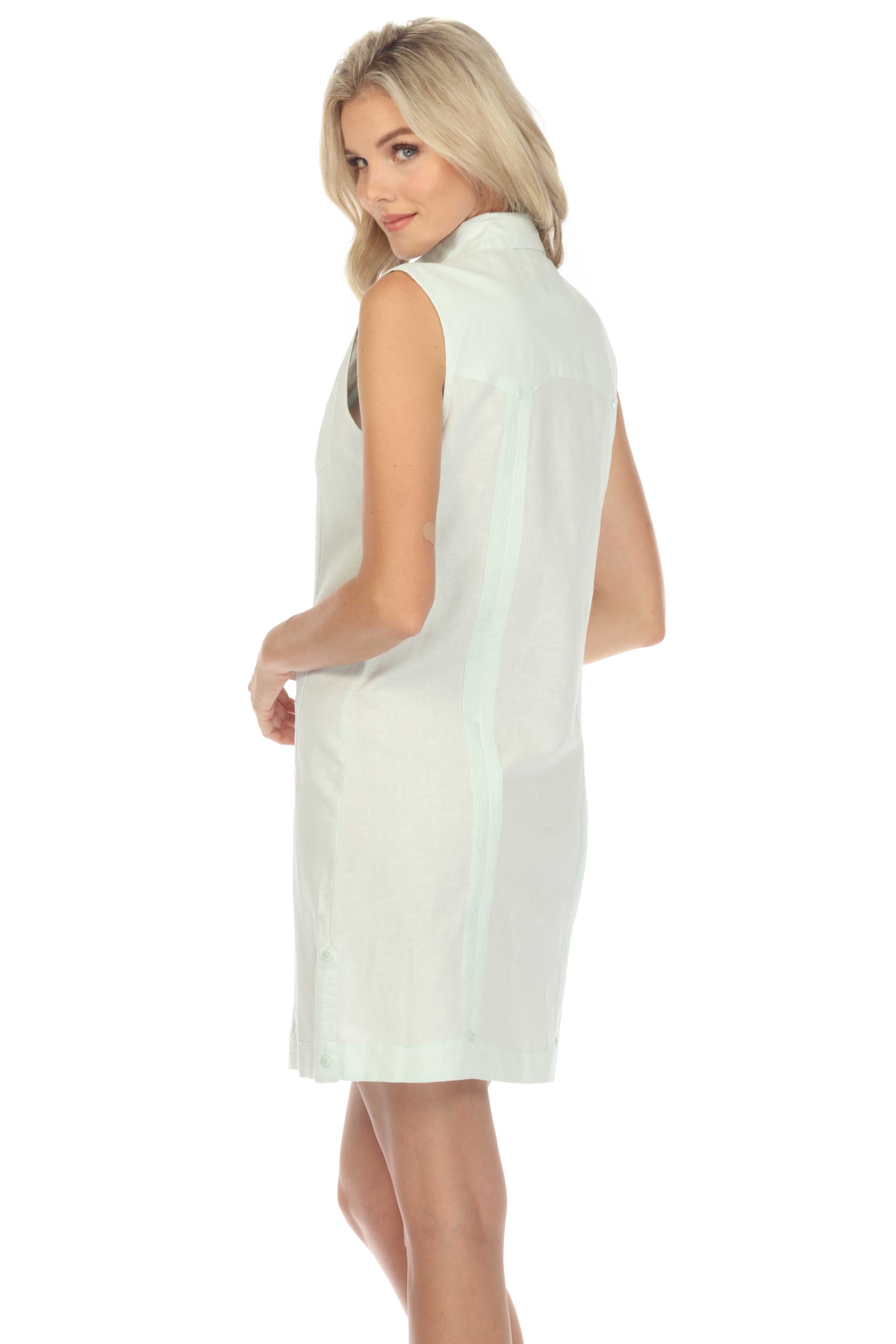 Women's Guayabera Dress Classic Linen Blend Sleeveless Button Down