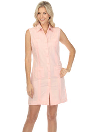 Women's Guayabera Dress Classic Linen Blend Sleeveless Button Down