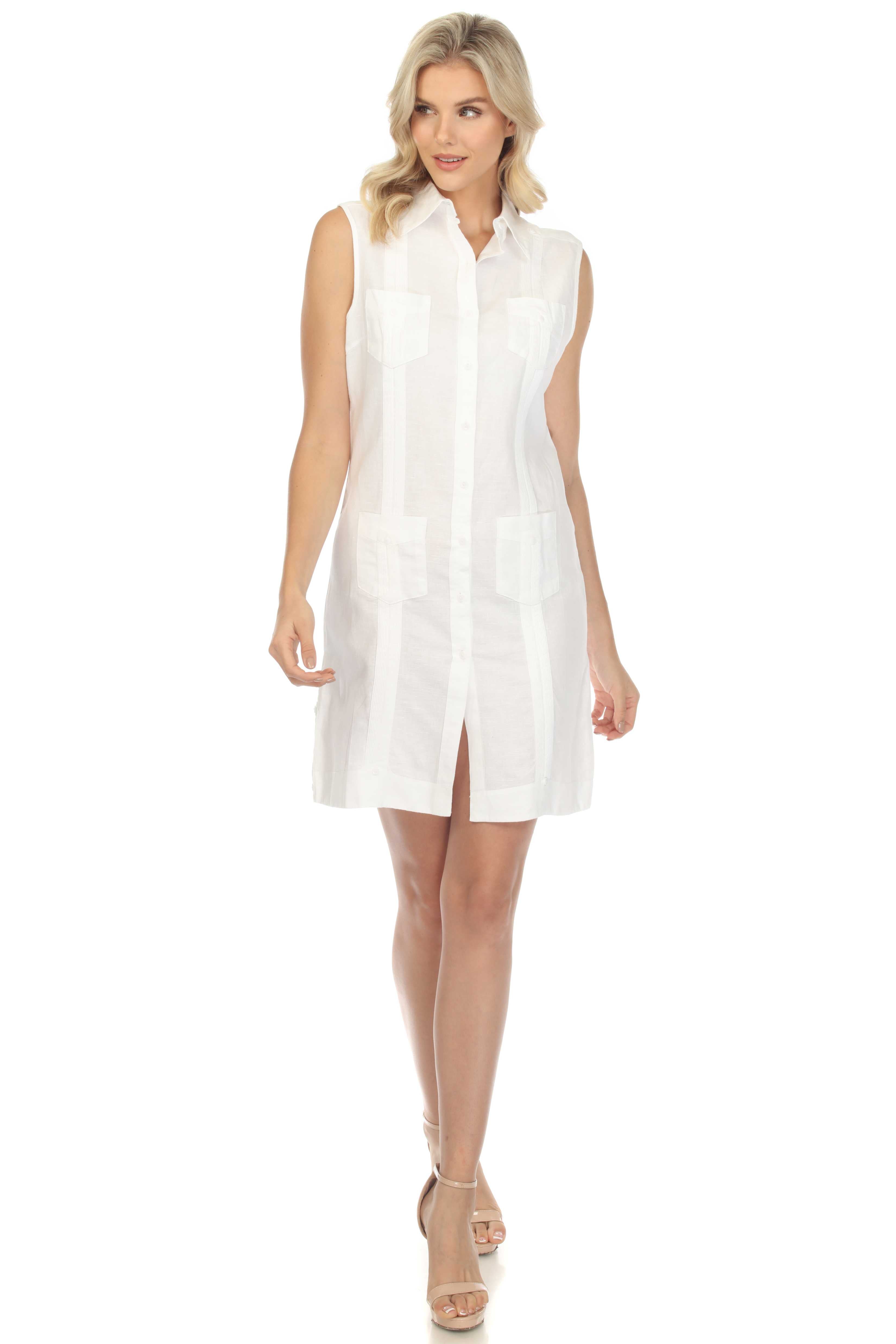 Women's Guayabera Dress Classic Linen Blend Sleeveless Button Down