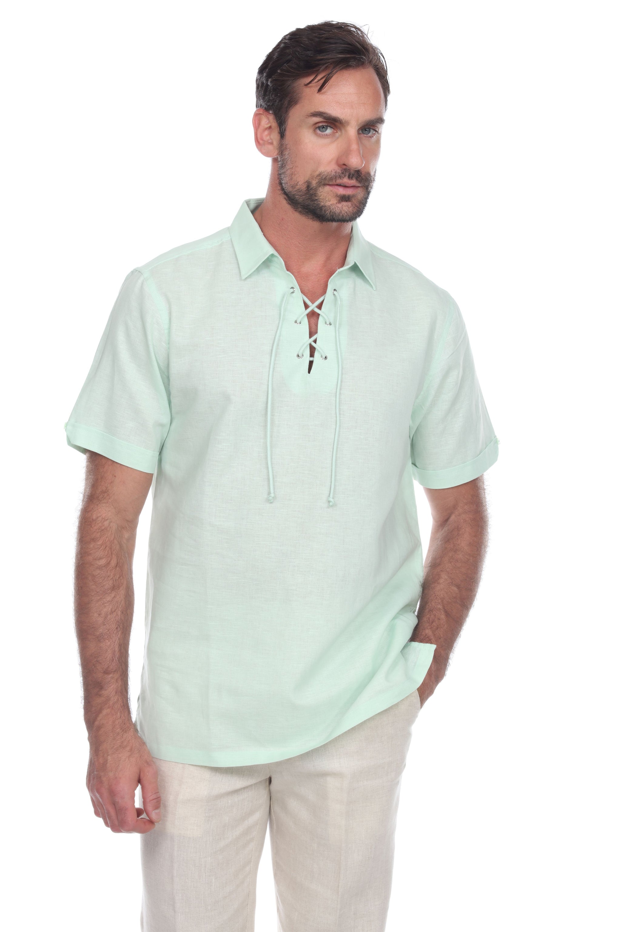 Men's Beach Resort Wear Linen Shirt Short Sleeve Lace Up Collar