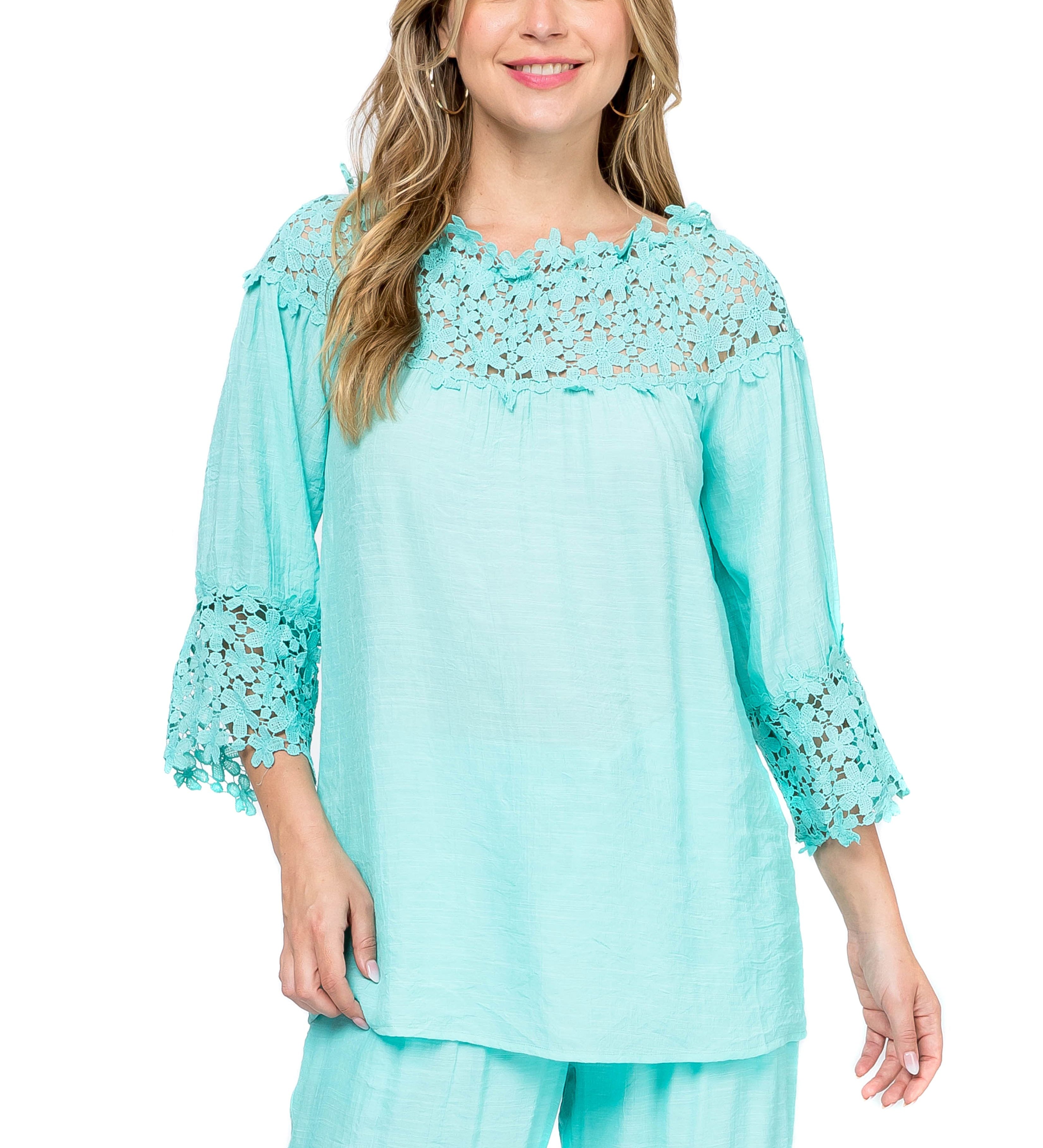 Women's Casual Crochet Trimmed Scoop Neck ¾ Sleeve Tunic Top - Mojito Collection - Vacation Clothing, Women's Clothing, Women's Resort Wear, Women's Top