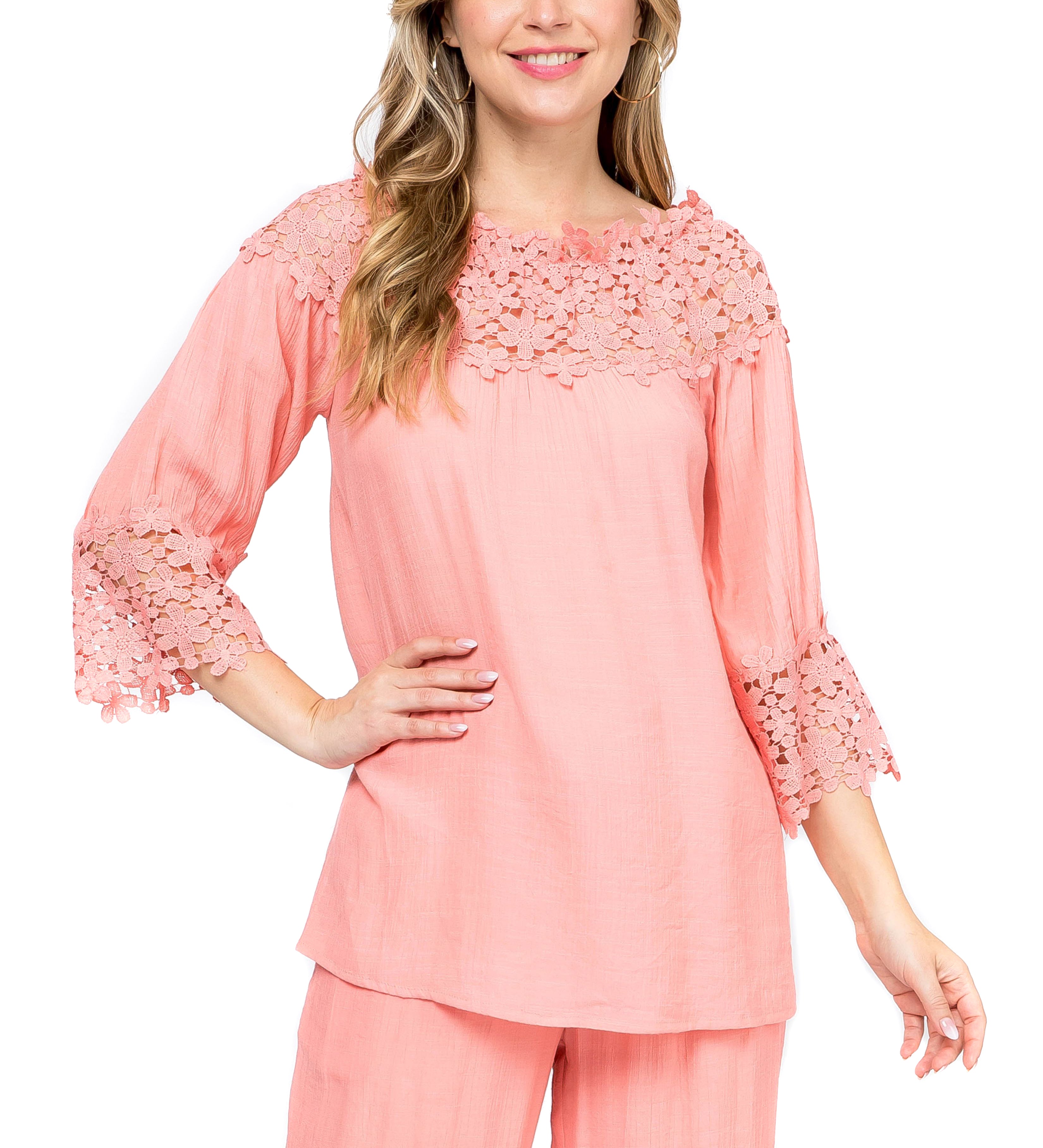 Women's Casual Crochet Trimmed Scoop Neck ¾ Sleeve Tunic Top - Mojito Collection - Vacation Clothing, Women's Clothing, Women's Resort Wear, Women's Top