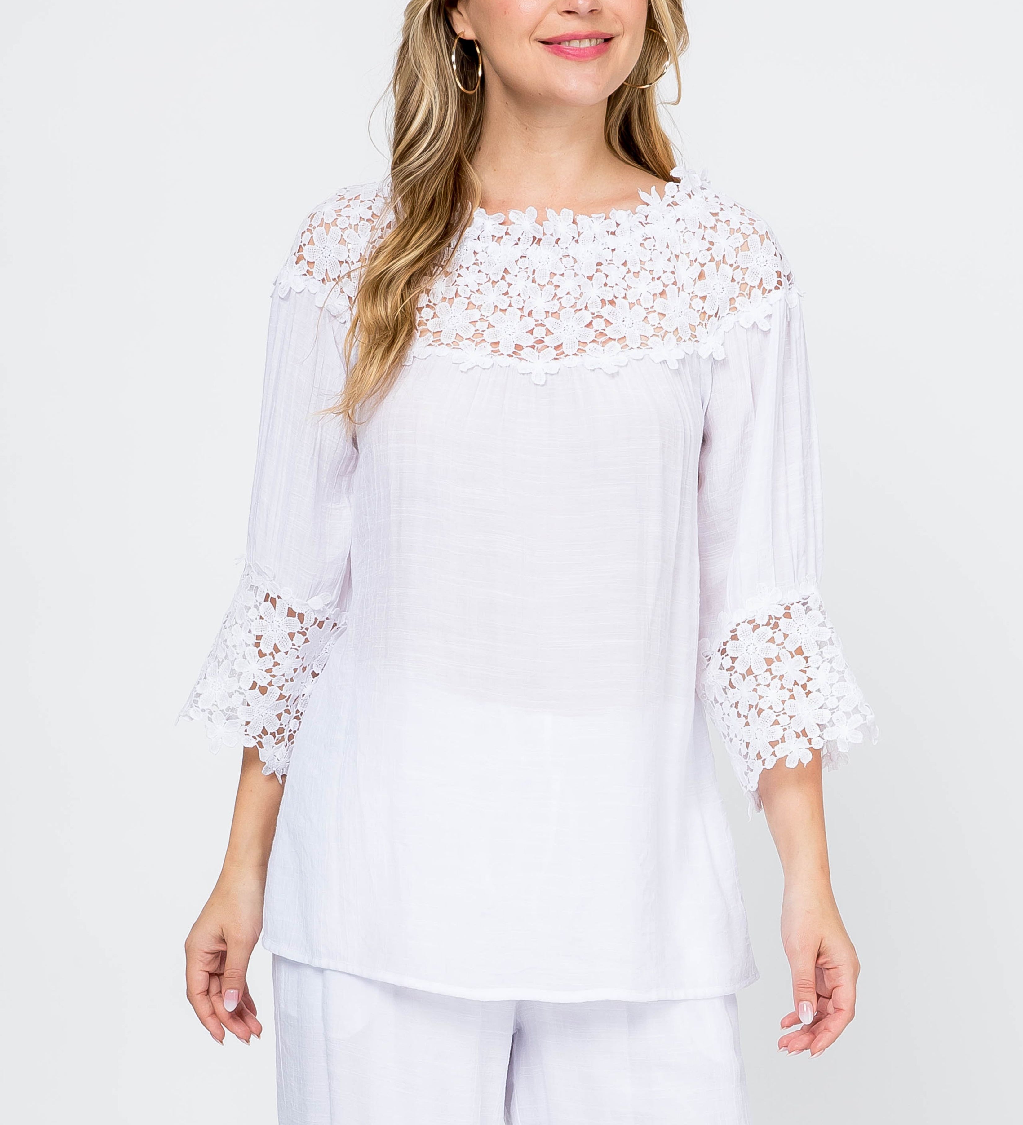 Women's Casual Crochet Trimmed Scoop Neck ¾ Sleeve Tunic Top - Mojito Collection - Vacation Clothing, Women's Clothing, Women's Resort Wear, Women's Top