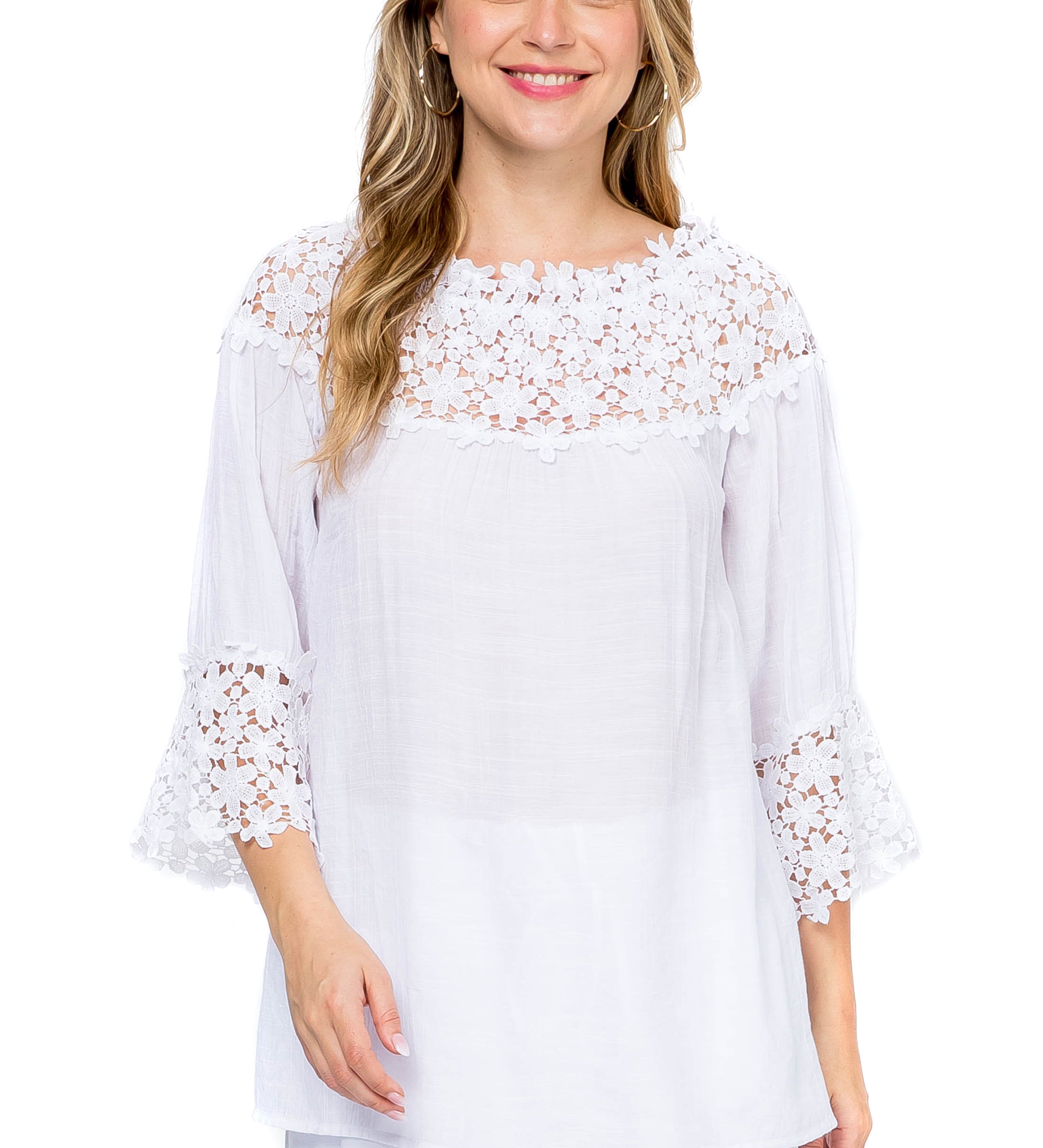 Women's Casual Crochet Trimmed Scoop Neck ¾ Sleeve Tunic Top - Mojito Collection - Vacation Clothing, Women's Clothing, Women's Resort Wear, Women's Top