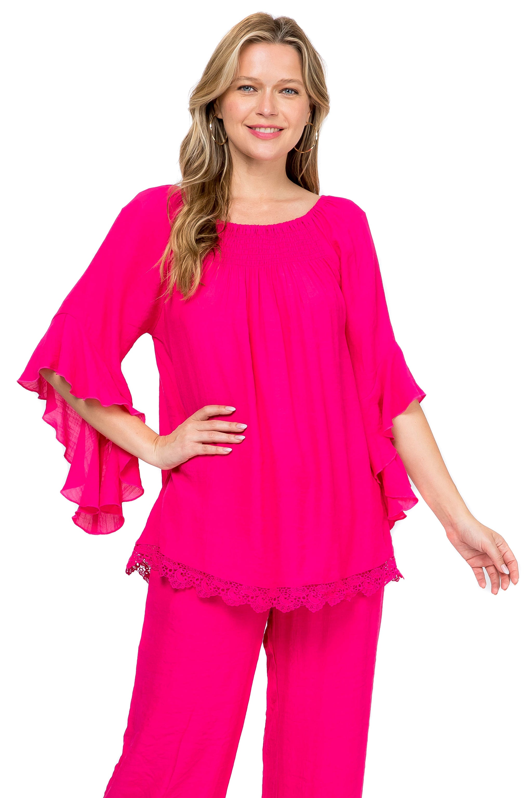 Women's Casual Smocked Neckline Crochet Trimmed Hem and ¾ Flared Sleev –  Mojito Collection
